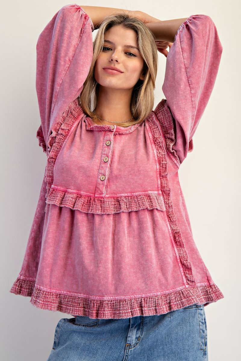 Ruffle Washed Button Top