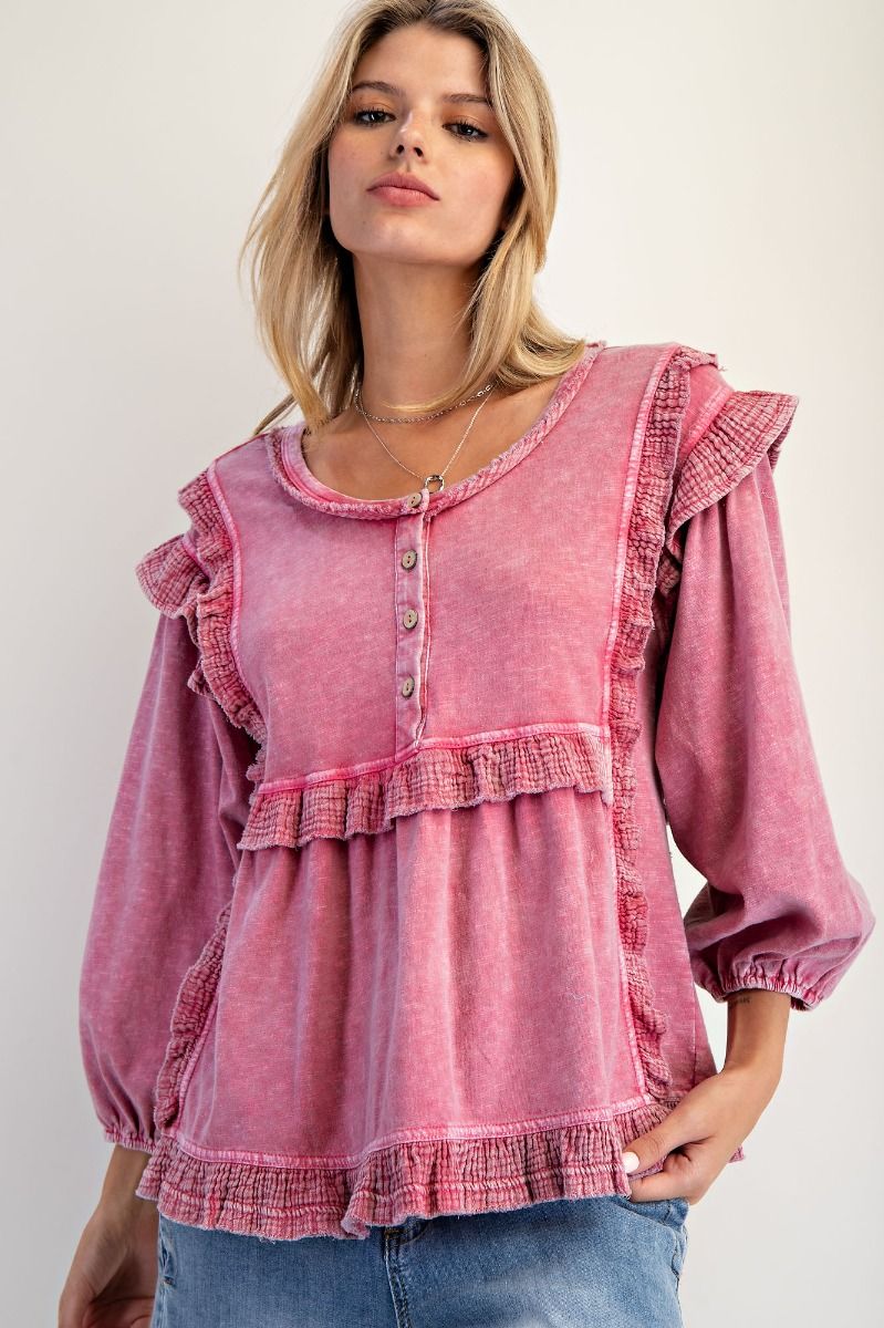 Ruffle Washed Button Top