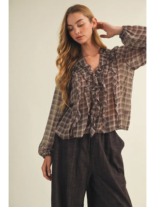Ruffle Cascade Plaid Georgette Blouse