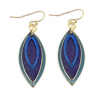 Brass Patina Earrings - Purple and Blue Layered Teardrop
