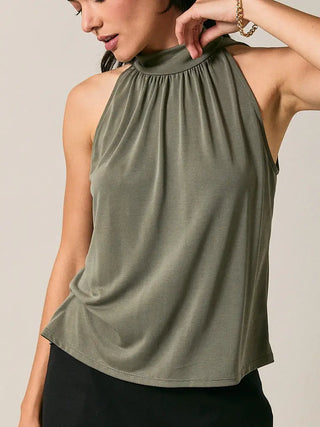 Mock Neck Sleeveless Gathered Halter Top
