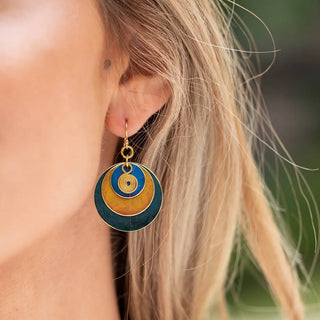 Brass Patina Earrings - Blue Hues and Orange with Swivel