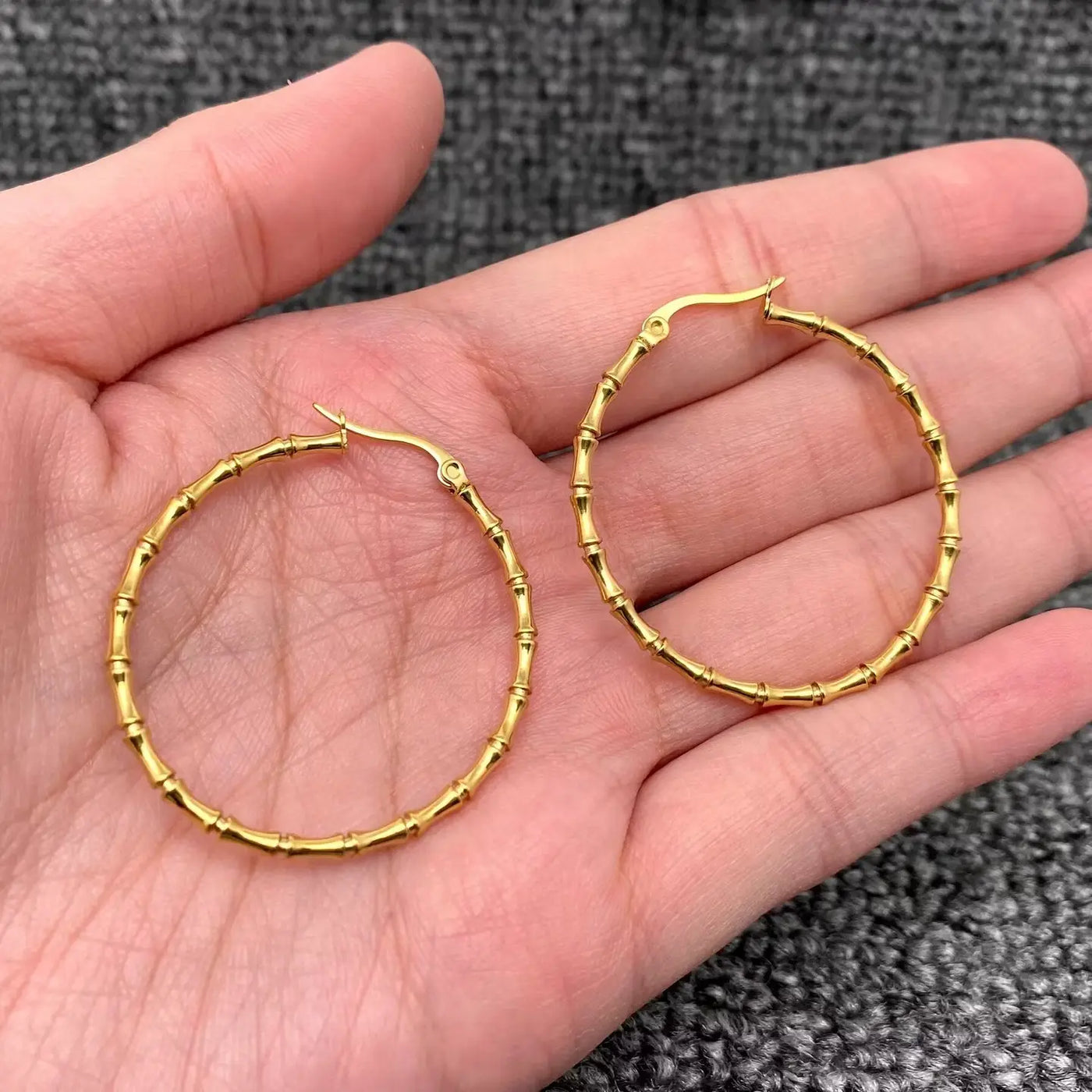 18K Gold Plated Stainless Steel Bamboo Hoop Earrings