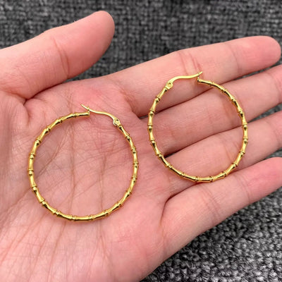 18K Gold Plated Stainless Steel Bamboo Hoop Earrings