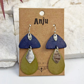 Handcrafted Blue & Olive Patina Mushroom Drop Earrings
