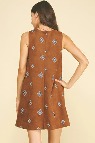 Embroidered Suede A-Line Mini Dress