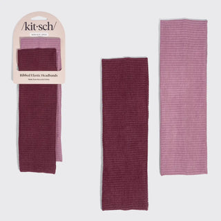 KITSCH Recycled Fabric Ribbed Elastic Headbands 2pc Set - Cherry Lacquer & Dusty Pink