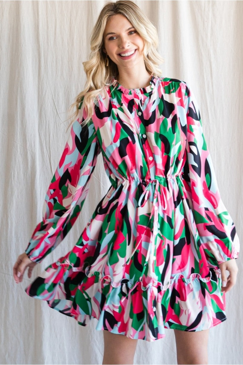 Geo Multi Color Print Ruffle Dress