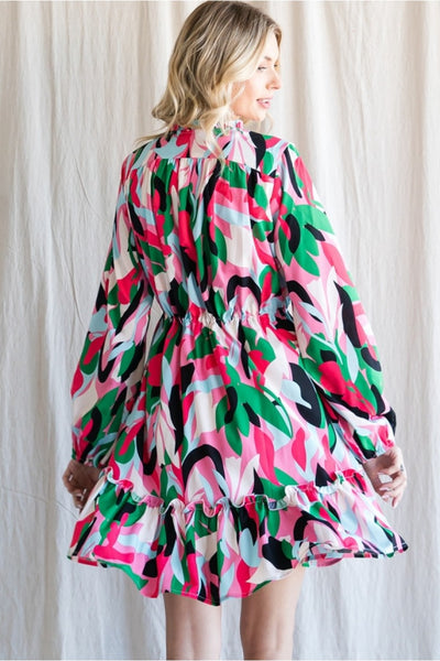 Geo Multi Color Print Ruffle Dress