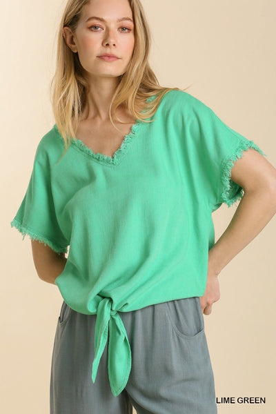 Umgee Linen Blend Frayed V-Neck and Short Sleeve Top