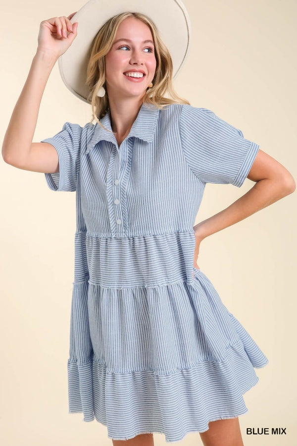 Umgee Half Button Up Tiered Striped Collared Dress