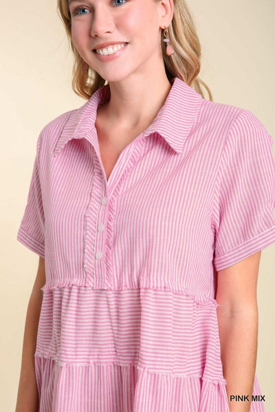 Umgee Half Button Up Tiered Striped Collared Dress