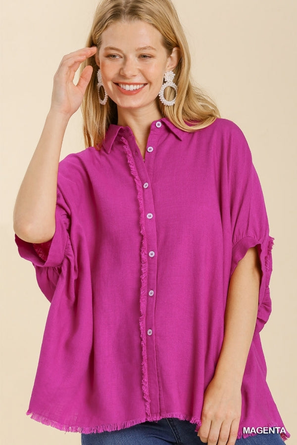 Umgee Linen Blend Button Down Top with Frayed Placket