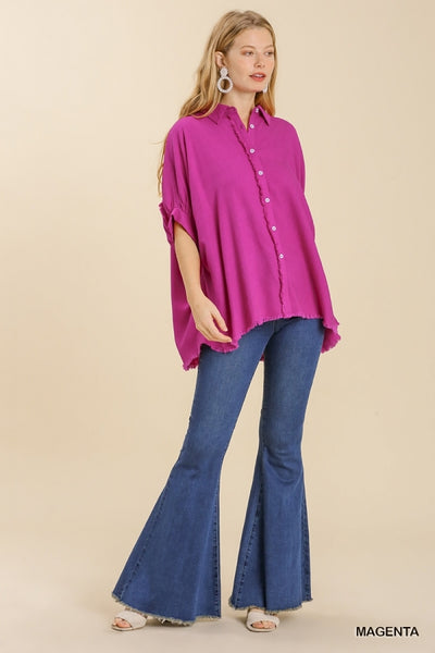 Umgee Linen Blend Button Down Top with Frayed Placket