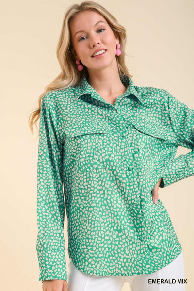 Umgee Double Pocket Collared Print Button Up Shirt