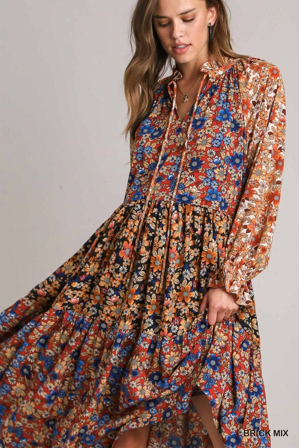 Umgee Floral Metallic Mixed Print Midi Dress