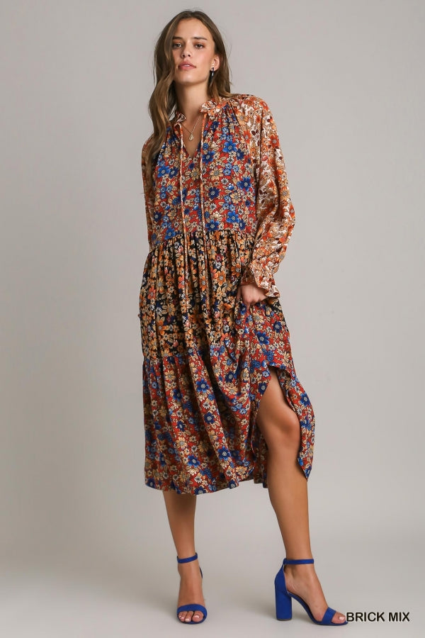 Umgee Floral Metallic Mixed Print Midi Dress