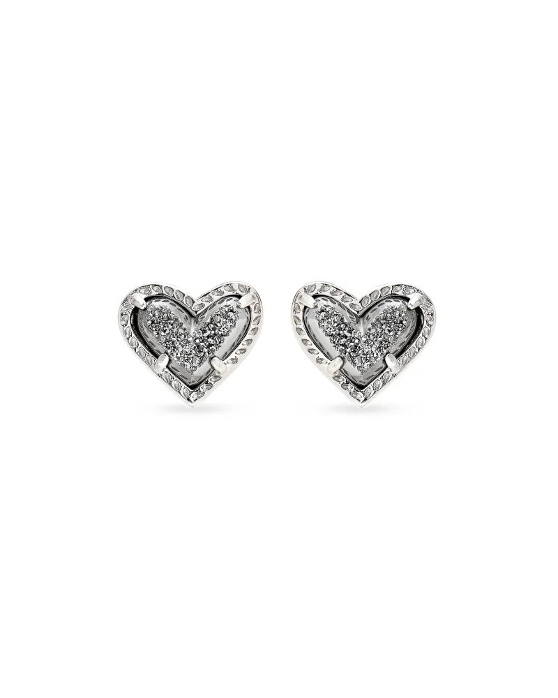 Ari Heart Silver Stud Earrings in Platinum Drusy