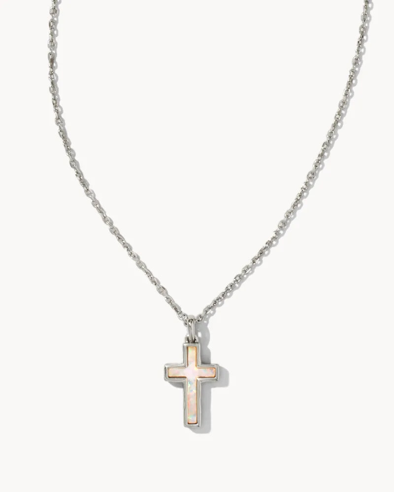 Cross Silver Pendant Necklace in White Kyocera Opal