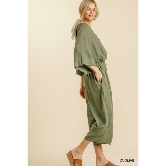 Umgee Linen Blend Bell Sleeve V-Crossbody Jumpsuit