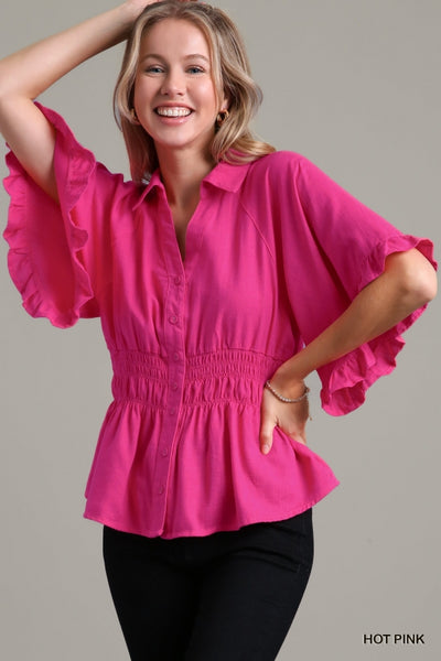 Umgee Linen Button Down Top with 3/4 Bell Sleeves & Smocked Waist