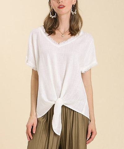 Umgee Linen Blend Frayed V-Neck and Short Sleeve Top