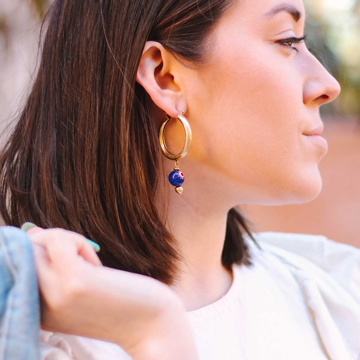 Millefiori Glass Bead Drop Hoop Earrings in Blue