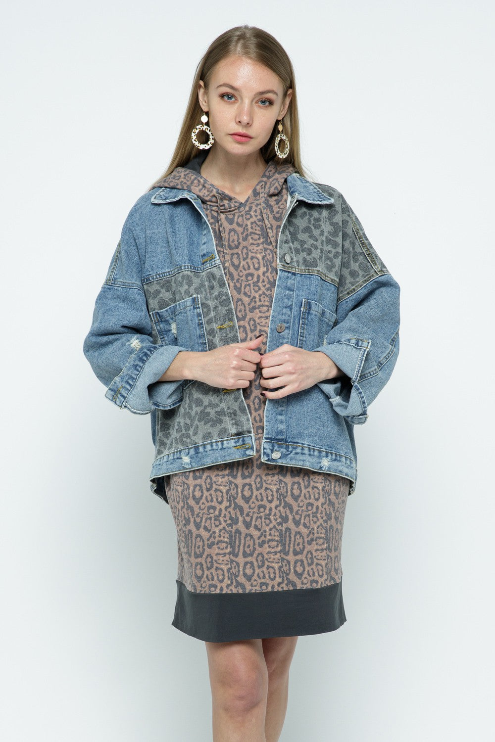 Leopard Print Patch Denim Boyfriend Jacket