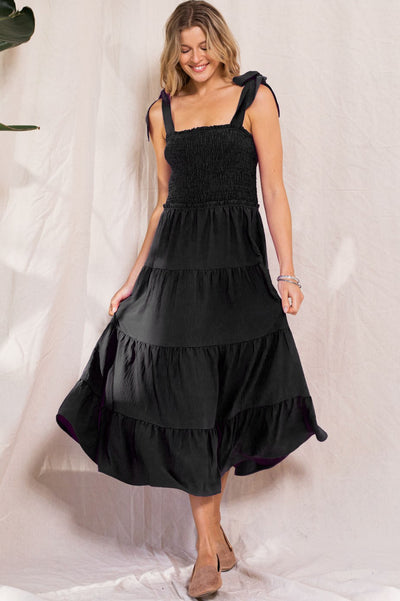 Solid Shoulder Tie Point Tiered Midi Dress