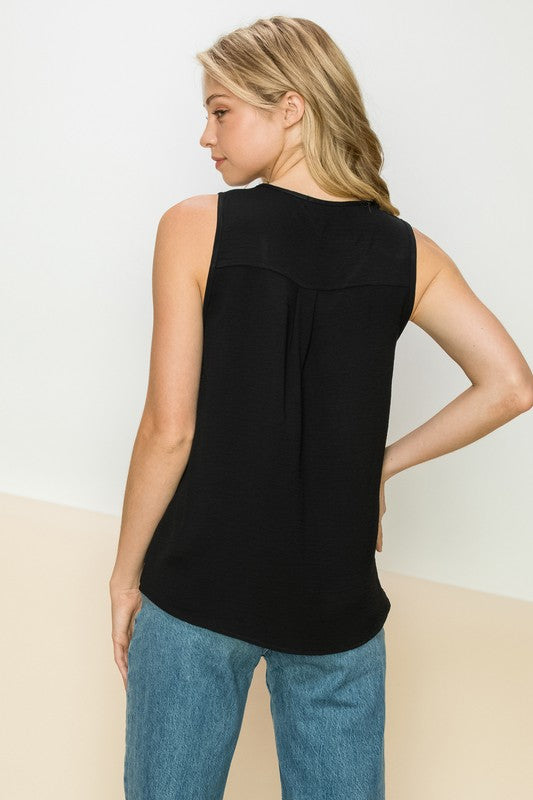 Black Front Pleat Solid Casual Top
