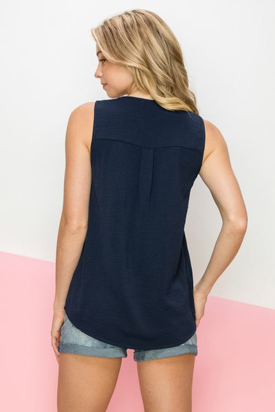 Navy Front Pleat Solid Casual Top