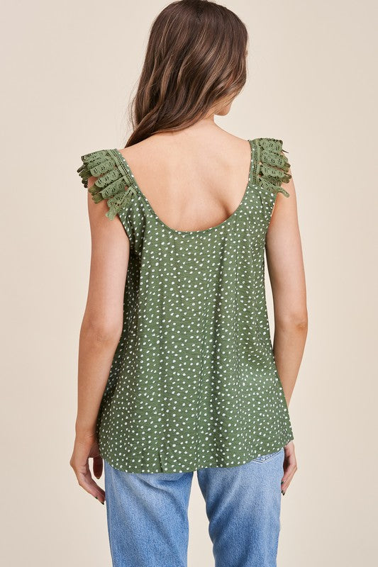 Olive Dot Print Lace Ruffle Strap Top