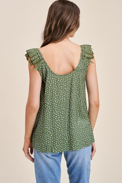 Olive Dot Print Lace Ruffle Strap Top