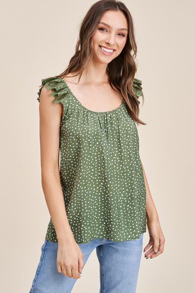 Olive Dot Print Lace Ruffle Strap Top