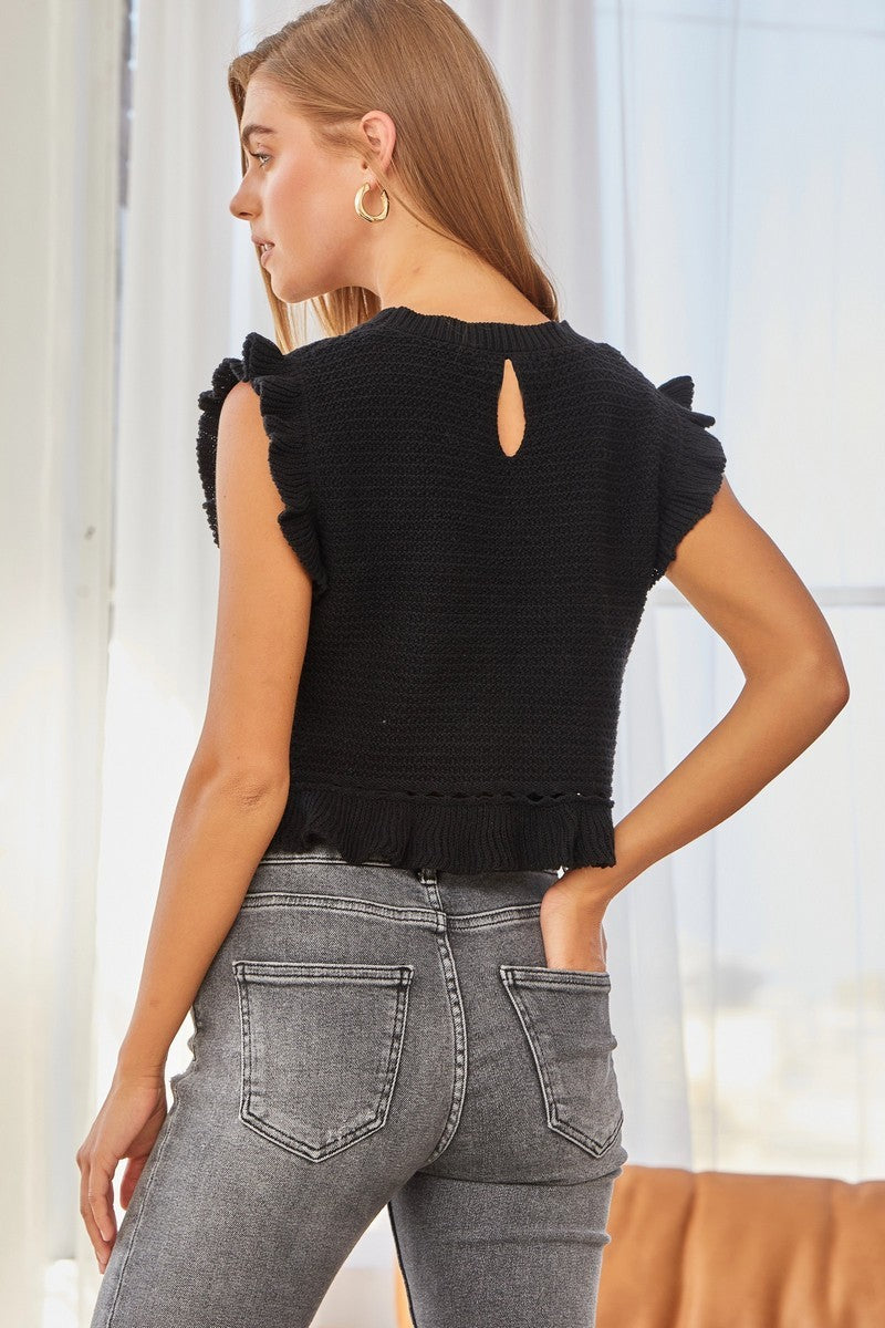 Cute crochet cropped sweater top with flutter sleeves and ruffle hemline