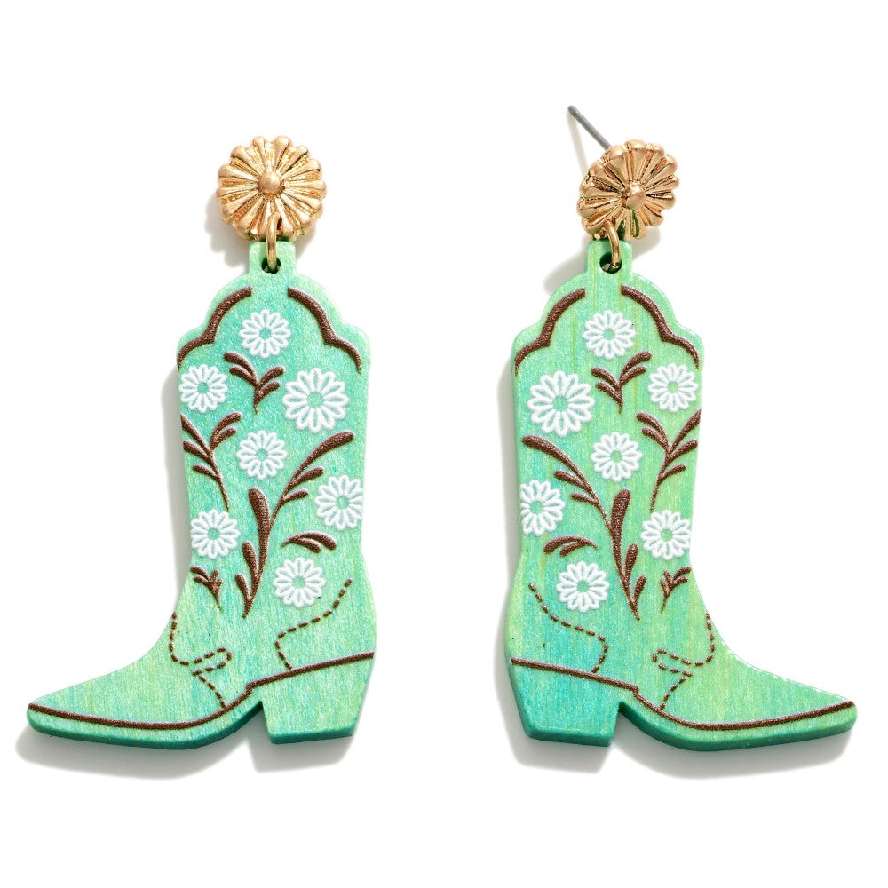 Western Wooden Floral Boots Drop Earrings