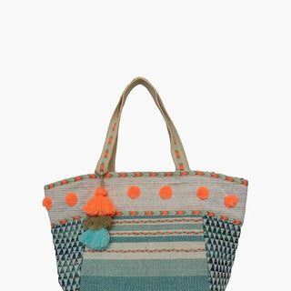 Ocean Patterned Cotton Tote w/ Triple Tassels