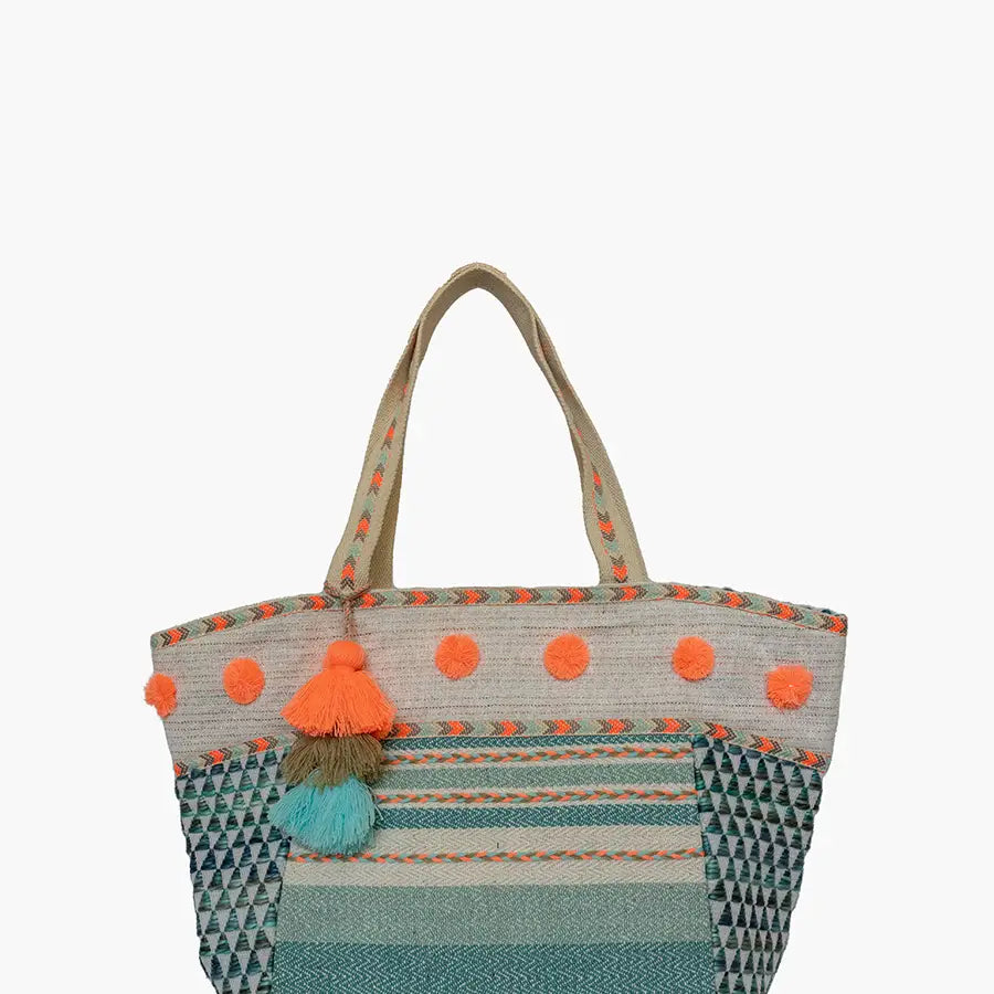 Ocean Patterned Cotton Tote w/ Triple Tassels