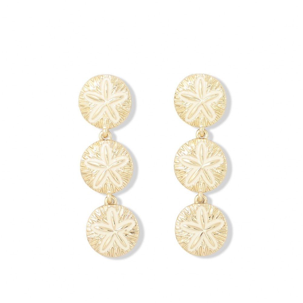 Periwinkle Gold sand dollar drops with white enamel inlay