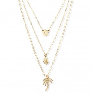 Periwinkle Gold layered necklace with palm tree, leaf and sun charm