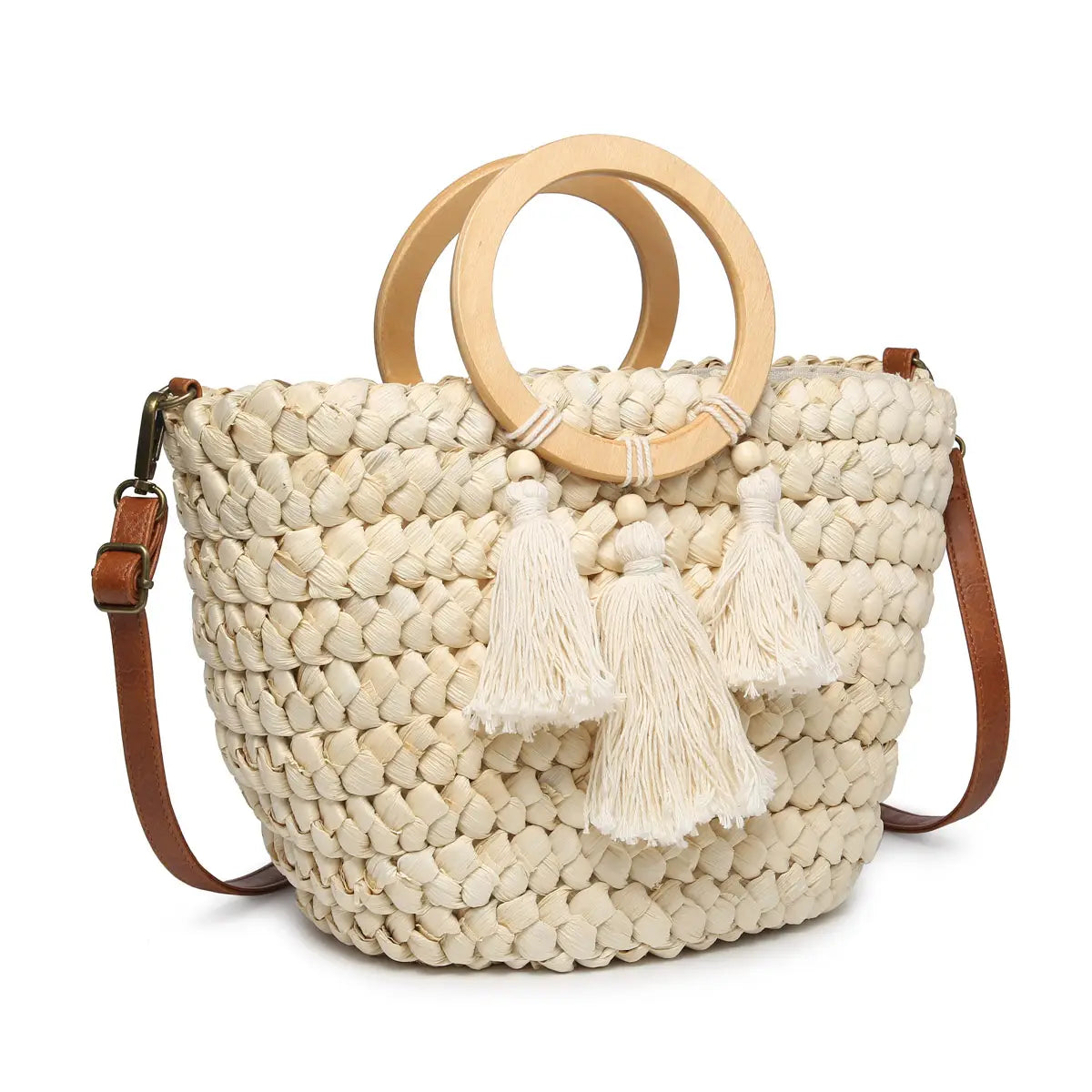 Cheryl Seagrass Satchel w/ Circle Handles and Tassels