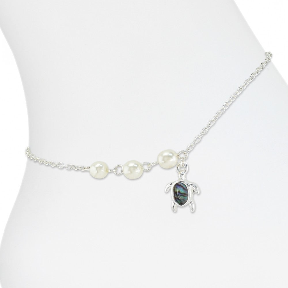 Periwinkle Silver anklet with pearls and abalone turtle