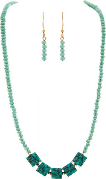 Gold Teal Square Beads Necklace Set