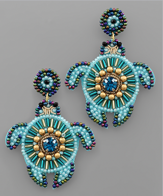 Blue Seed Bead Turtle Earrings