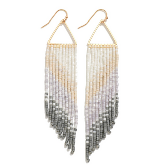Gold Tone Triangle Drop Earrings Featuring Seed Beaded Tassel Details