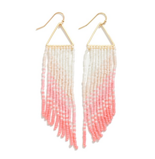 Gold Tone Triangle Drop Earrings Featuring Seed Beaded Tassel Details