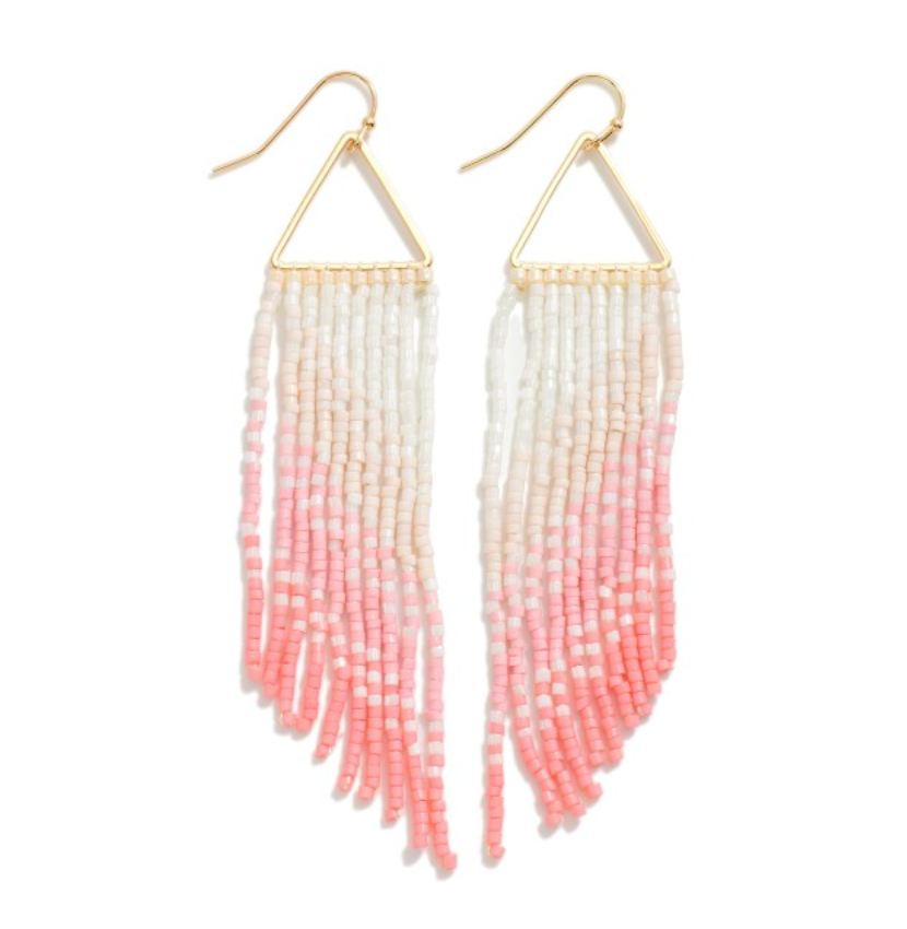 Gold Tone Triangle Drop Earrings Featuring Seed Beaded Tassel Details