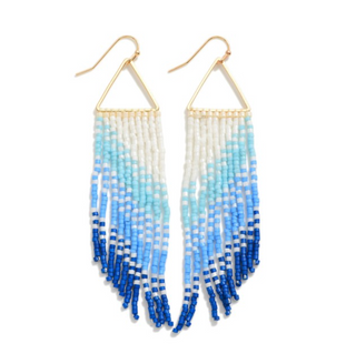 Gold Tone Triangle Drop Earrings Featuring Seed Beaded Tassel Details