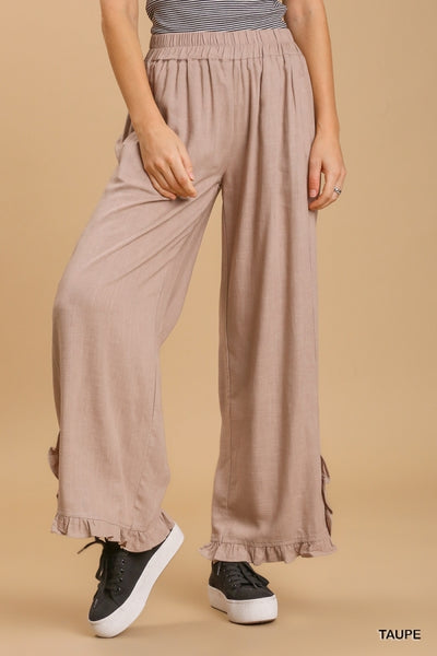 Umgee Linen Blend Elastic Waist Ruffle Hem Pants with Pockets