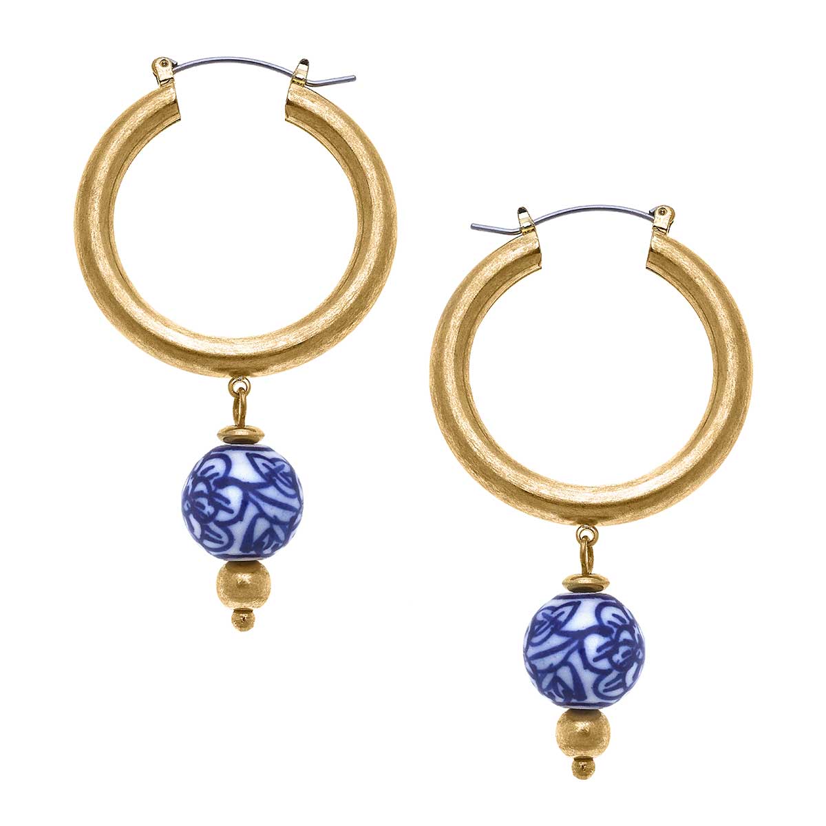Paloma Chinoiserie Drop Hoop Earrings in Blue & White